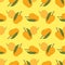 Seamless mango pattern with leaves on yellow background. Ripe mango vector illustration