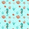 Seamless marine life pattern. Seahorse, seashells and seaweed on a blue background. Color vector illustration for fabric
