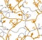 Seamless marine motifs pattern with golden sea anchors, colored ropes.