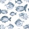 Seamless marine pattern. Blue fishes drawn by a pencil on a white background. A set of magical fabulous fish. Cartoon children`s