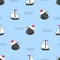 Seamless marine pattern with cat Sailor and ships.