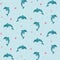 Seamless marine pattern jumping dolphin with seashells and starfish. Color vector illustration.