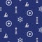 Seamless marine pattern. Lighthouse, sailboat, compass and steering wheel on a blue background. Color vector