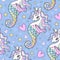 Seamless marine pattern. Seahorses, unicorns with a rainbow mane on a blue background. Vector