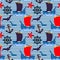 Seamless marine pattern, ships, steering wheels, anchors and seagulls on a striped background. Print, decor for textiles, covers,