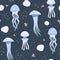 Seamless marine pattern with various deep sea jellyfish