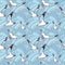 A seamless marine theme with graphical bird gulls and abstract blue waves.