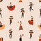 Seamless Mexican pattern for Day of Dead with people. Repeating background for Mexico Death holiday with skeletons