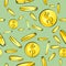 Seamless money pattern, gold coins with dollar sign fall, vector illustration