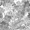 Seamless monochrome background with floral elemants, orchid flowers and tropical plants