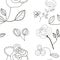 Seamless monochrome pattern of abstract flowers and leaves on a white background for textiles.