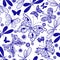 Seamless monochrome pattern with butterflies, dragonflies and flowers