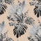 Seamless monochrome pattern with a watercolor Bouquet with dried palm flowers and monstera leaves