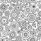 Seamless monochrome summer pattern with stylized flowers in circles.