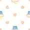 Seamless morning vector pattern. Sketch graphic text illustation. Muffin icon. Hearts