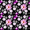 Seamless motley floral pattern with rose, daisy and bell flowers on black background