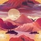 Seamless mountain scene at sunset with flying birds, in a romanticized art style (tiled)