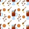 Seamless mulled wine pattern. Spices for mulled wine, honey, orange. Vector illustration on a white background