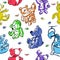 Seamless multicolored pattern, set of cute funny vintage teddy bears toys. Hand draw illustration for fabric, design