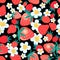 Seamless multicolored pattern of strawberries and flowers