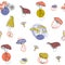 Seamless mushroom background. Multi-colored mushrooms on a white background. Light patern for fabric, paper, tile. Vector illustra