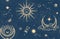 Seamless mystic pattern with sun, moon and stars, cosmos background in tarot style, space and abstract astrology magic sky