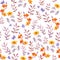 Seamless naive floral background. Cute flowers, leaves, butterflies. Watercolour