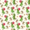 Seamless natural animal pattern with funny green crocodiles and little birds on light yellow background. Print for fabric for baby