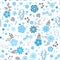 Seamless natural ditsy pattern with blue flowers, berries and bronze leaves on white background. Gentle print for fabric