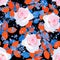 Seamless natural pattern with light pink rose flowers, blue and orange leaves and little branchs with tiny buds