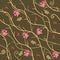 Seamless natural pattern with pink lilies, yellow autumn leaves , little red flowers and abstract branches