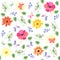 Seamless natural pattern for silk fabric in vector. Funny little birds, butterflies, green leaves, poppies and marigold flowers