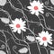 Seamless natural pattern with white daisy flowers, silver leaves and abstract branches on black background in vector.