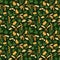 Seamless natural pattern, wild flowers, wasp swarm, insects a green background. Hand drawing. Design for textiles