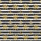 Seamless nautical pattern with golden anchors and ship wheels on white black striped background.