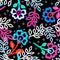 Seamless neon pattern with flowers and leaves on a black  background