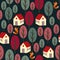 Seamless night autumn pattern - colorful trees, houses, snow and foxes.