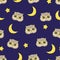 Seamless night pattern with cute owls, stars and moon