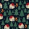 Seamless night winter Christmas pattern - varied Xmas trees, houses, snow and foxes.