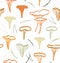 Seamless nordic floral pattern with cute chanterelle mushrooms. Nature drawn background