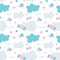 Seamless nursery cute pattern with birds, cloud, heart with wings, stars for kids