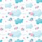 Seamless nursery cute pattern with birds, cloud, heart with wings, stars for kids