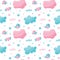 Seamless nursery cute pattern with birds, cloud, heart with wings, stars for kids