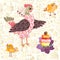 Seamless ornament with a chicken calling for peepers to dine a cupcake. Beautiful card for children