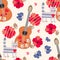 Seamless ornament for children. Tabby cats, wooden guitars, blue butterflies, red poppies and little hearts on light beige