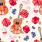 Seamless ornament for kids. Unicorns, little foxes, blue butterflies, wooden guitars, hearts and red poppy flowers on beige