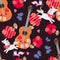 Seamless ornament for kids. Unicorns, little foxes, blue butterflies, wooden guitars, hearts and red poppy flowers on black