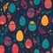 Seamless ornament, texture, colorful egg pattern on a black background, cartoon