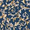 Seamless ornamental baroque watercolor hand drawn gold silver taupe texture on blue background surface pattern textile design