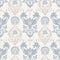 Seamless paisley pattern in french blue linen shabby chic style. Hand drawn floral damask texture. Old white blue